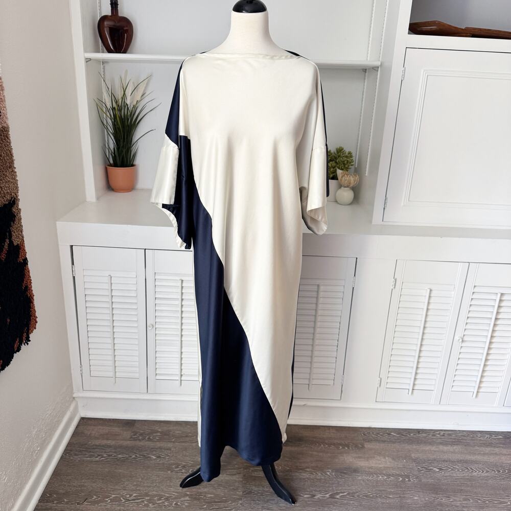 Vintage Natori Navy Blue Ivory Satin Colorblock Kaftan Size XS-L